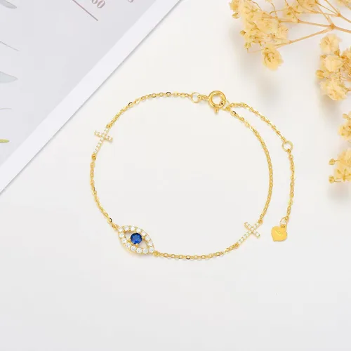 Vista 4 de 14K Real Gold Evil Eye Bracelet for Women Yellow Gold Eveil Eye and Cross Bracelets Dainty Blue Evil Eyes Bracelet Adjustable 6.5" to 8.5