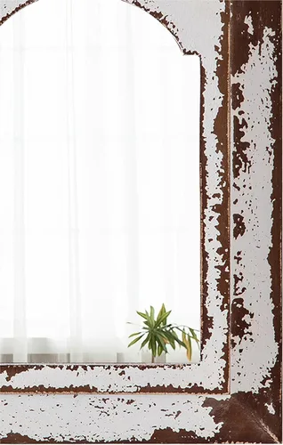 Vista 6 de Farmhouse - Espejos arqueados pequeños de 16 x 12 pulgadas, color blanco envejecido Hanging Rectangular Carved Wood Frame Entryway Mirror