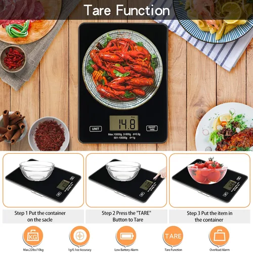 Vista 4 de Báscula de cocina digital para alimentos de 22.0 lbs/22 libras, carga USB con plataforma de vidrio templado impermeable, para perder peso, cocinar