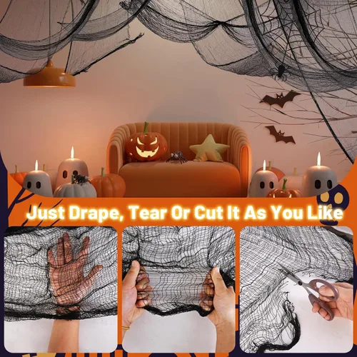 Vista 3 de Paquete de 4 decoraciones de tela espeluznante de Halloween, 30 x 72 pulgadas, paños de gasa de Halloween aterradores, paño espeluznante para casa