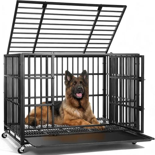 Vista 10 de VOWNER Jaula para perros indestructible de 38 pulgadas, resistente a prueba de escapes, con 4 ruedas bloqueables, jaula para perros de alta ansiedad