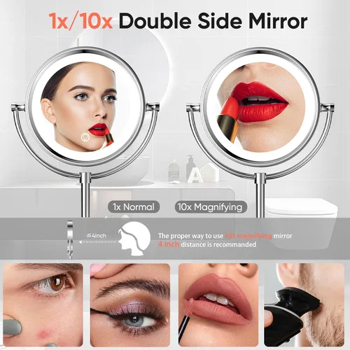 Vista 3 de GURUN Espejo de maquillaje con iluminación LED de 8.5 pulgadas con aumento de 10 aumentos de doble cara, con enchufe de acabado cromado M2208D