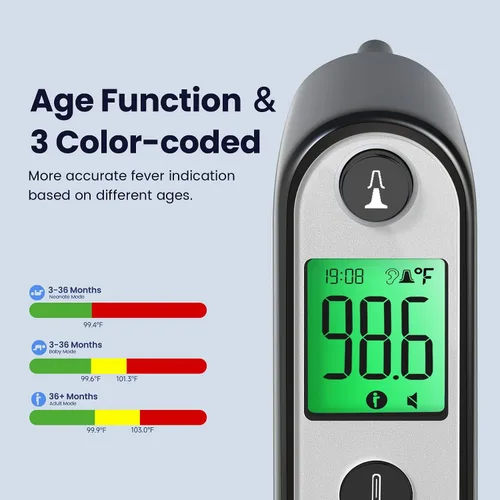 Vista 4 de Viproud Termómetro de Oído para Niños, Bebés y Adultos, Termómetro Digital Preciso en 1 Segundo, Función Silencio, Alerta de Fiebre en 3 Colores, 3