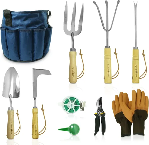 Vista 8 de Juego de herramientas de jardín – Herramientas de mano de jardinería de acero inoxidable premium con mango de madera de haya maciza – Kit