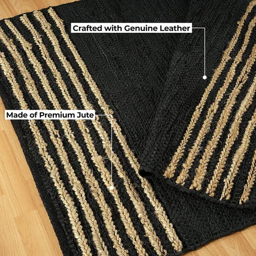 Vista 2 de GRUHUM - Alfombra de yute de cuero negro de 2 pies 6 pulgadas x 10 pies, trenzado a mano natural Leather Cotton & Jute Boho Vintage Rustic Pet Kid