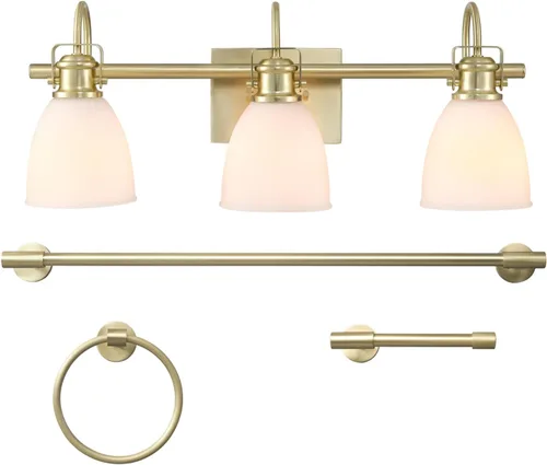 Vista 21 de GLOBE Electric 63000062 - Juego de baño todo en uno de 5 piezas, negro mate y latón, luz de tocador de 3 luces, vidrio sembrado, toallero, soporte