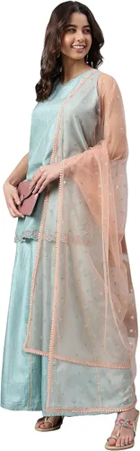 Vista 3 de Janasya Kurta bordada de seda de poliéster verde mar indio para mujer con Palazzo y Dupatta