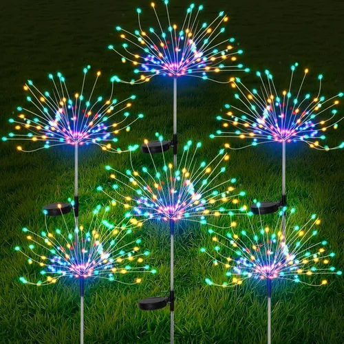 Vista 8 de FOOING 4 luces solares de jardín, luces solares de fuegos artificiales, 480 luces LED solares de cadena de 2 modos de luces solares parpadeantes