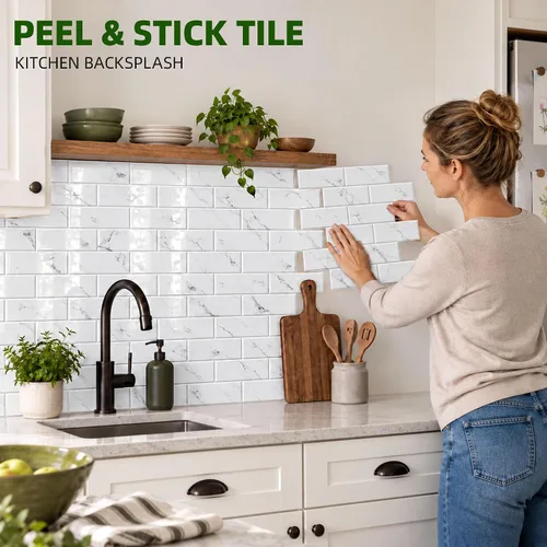 Vista 2 de WADILE Azulejos de cristal para despegar y pegar, color blanco Mármol Blanco
