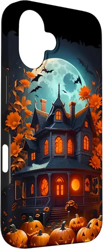 Vista 3 de iPhone 16 Halloween Spooky Haunted House Bats & Carved Pumpkins Case
