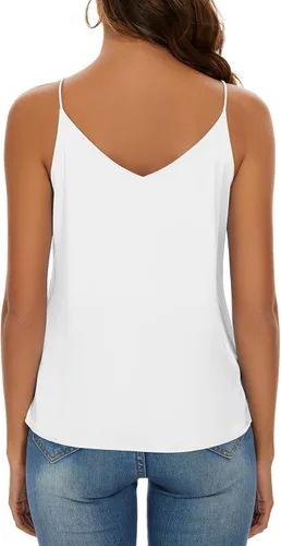 Vista 3 de Miqieer Camiseta básica de seda para mujer, con cuello en V, holgada, sin mangas, de satén, para mujer