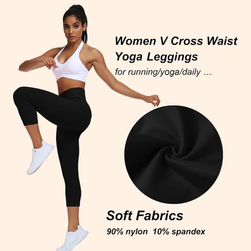 Vista 4 de Vertvie Leggings cruzados de gimnasio para mujer, levantamiento de glúteos, cintura cruzada, control de abdomen, pantalones de yoga