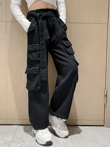 Vista 4 de Rolanko Pantalones cargo holgados de pierna ancha Y2K de cintura alta para niños pantalones sueltos casuales de 4 a 15 años