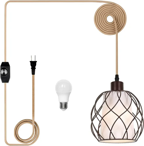 Vista 13 de Lámpara colgante enchufable, luces colgantes con cable de algodón dorado de 15 pies e interruptor de atenuación continuo, pantalla de cuerda