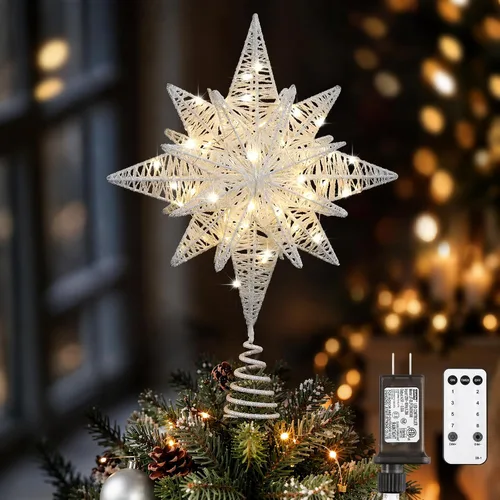 Vista 16 de Lewondr Decoración para árbol de Navidad, enchufe 3D Starburst iluminado A-champán Oro