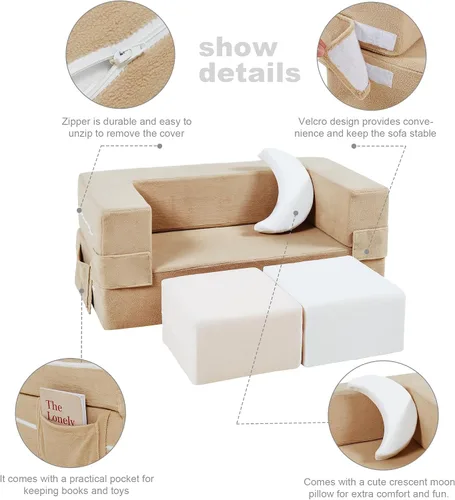 Vista 6 de Elftopia Sofá Modular para Niños, Sillón de Espuma para Niños Pequeños, Conjunto de Juego de Sofá de Felpa Convertible para Niños, Sofá Cama