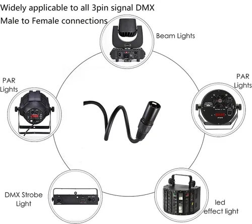 Vista 7 de MFL. Cable DMX flexible de 6.6 pies, señal de 3 pines, XLR macho a hembra, cable para iluminación de escenario, luces de DJ, impedancia de 110