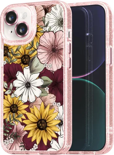 Vista 144 de Compatible para iPhone 13 Funda Bonita Estética - Funda para Teléfono Rosa con Purpurina con Protector de Cámara - Diseño de Cubierta