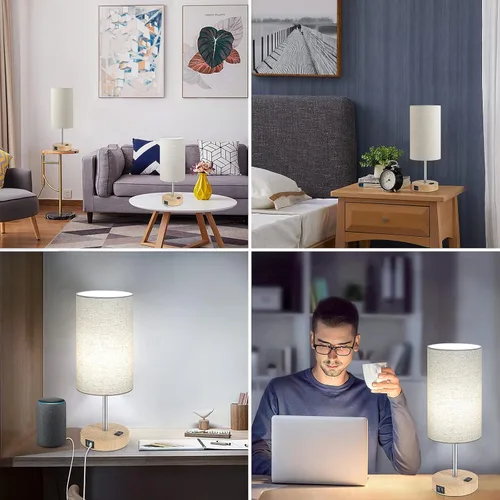 Vista 7 de Lámparas de mesita de noche con 2 puertos de carga USB y salida de CA, juego de 2 mesas de noche con base de madera de control táctil, lámparas Crema