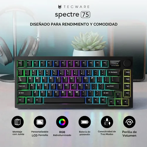 Vista 2 de TECWARE Spectre 75% Teclado mecánico RGB para juegos Pantalla LCD personalizable Modo inalámbrico tri con perilla Montaje con junta Zócalos