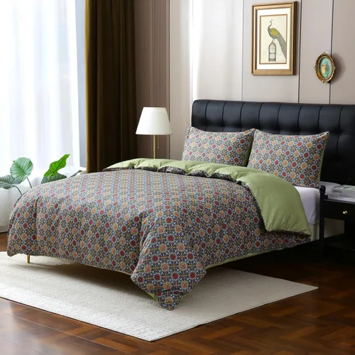 Vista 14 de ABREEZE Juego de ropa de cama de 3 piezas, estilo bohemio, retro, étnico, vintage, floral, ropa de cama bohemia, 100% algodón cepillado, damasco