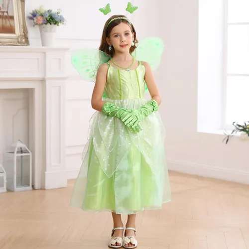 Vista 4 de iTVTi Disfraz de Campanilla para niñas pequeñas, vestido de alas verdes de hada de princesa, fiesta de cumpleaños, Halloween, cosplay