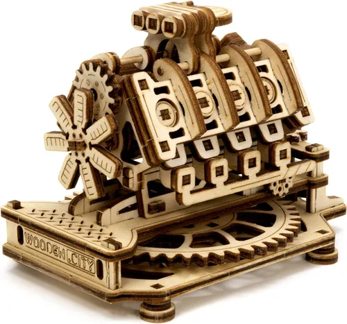Vista 6 de WOODEN.CITY V8 Engine 3D Wooden Puzzle Kit, 200 Pcs DIY Mechanical Model, Made in EU