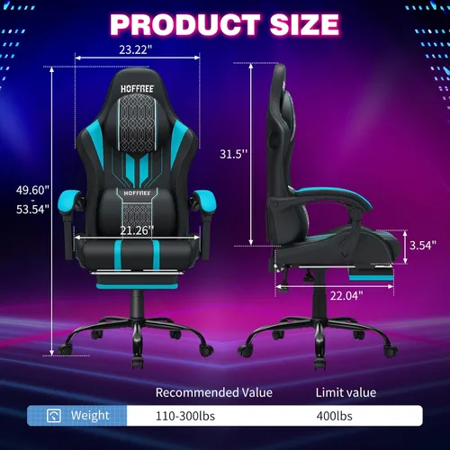 Vista 2 de HOFFREE Silla LED para juegos con altavoces, silla de computadora grande y alta con luces RGB, silla de juego Bluetooth con reposapiés, sillas