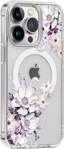 Vista 15 de Funda magnética transparente para iPhone 13 [compatible con cargador MagSafe] Gardenia patrón de estampado floral delgado antiarañazos para mujeres