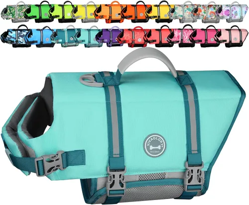 Vista 27 de VIVAGLORY Chaleco salvavidas para perros Rip Stop, chaleco de natación con asa, flotabilidad para perritos cachorros, chaleco salvavidas para perros