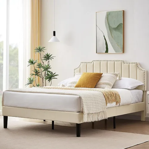 Vista 7 de VECELO Base de cama tamaño Queen tapizada con cabecera ajustable copetuda/base de colchón con soporte de listones de madera, fácil montaje, beige
