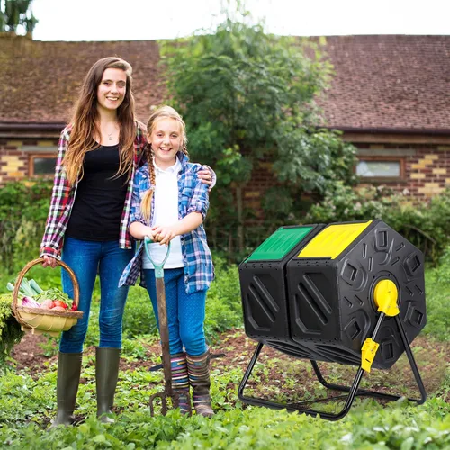 Vista 2 de JupiterForce Contenedores de compostaje de doble cámara, vaso giratorio de compost con 2 puertas correderas para jardines al aire libre, para todas