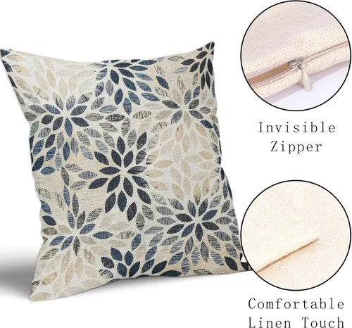 Vista 3 de Juego de 2 fundas de almohada de dalia azul marino de 20 x 20 pulgadas, fundas de almohada cuadradas decorativas de flores geométricas rústicas