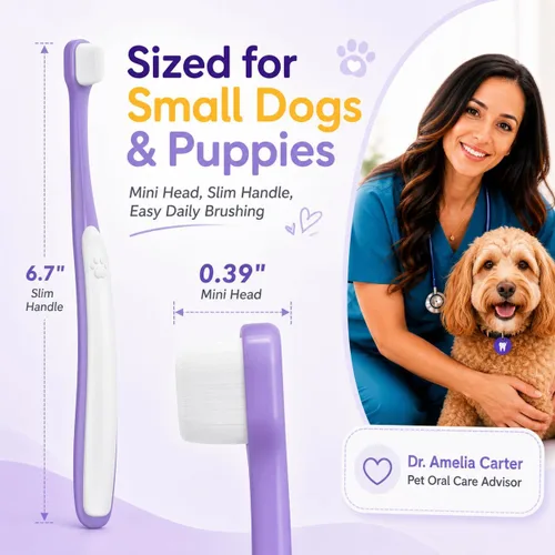 Vista 5 de Cepillo de dientes para perros pequeños – Mini cabezal de cepillo de 0.39 pulgadas, mango curvo, cerdas suaves, parte trasera de goma doble, kit