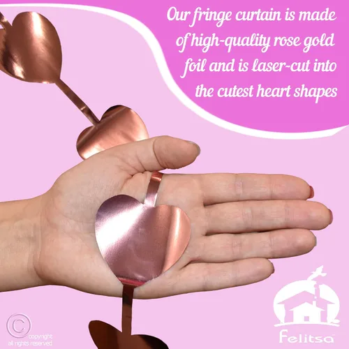 Vista 6 de Cortina de papel de aluminio de corazón de oro rosa, 2 piezas, oropel metálico con flecos, decoraciones de despedida de soltera, telón de fondo