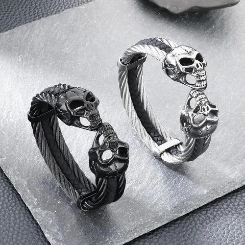 Vista 7 de Pulsera gótica de calavera para hombre, acero inoxidable, cable y cuero punk, plata y negro, diseño de puño abierto para motociclista, rockero