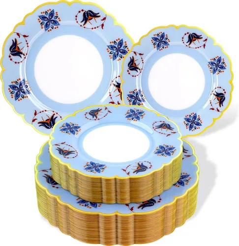 Vista 13 de Morejoy - 60 platos de plástico negro, platos desechables negros con borde dorado Black and Gold Plastic Plates, Modern swirl design Plates