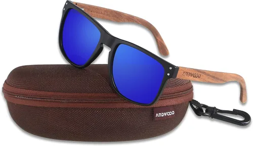 Vista 2 de ANDWOOD Gafas de sol polarizadas para hombre, protección UV, marco de madera, gafas de sol cuadradas de madera