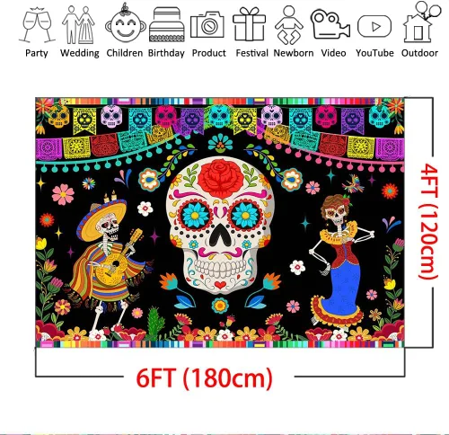 Vista 4 de Mocsicka Telón de fondo del Día de los Muertos, decoraciones de fiesta mexicana, calavera de azúcar, Día de Los Muertos, suministros para fiestas