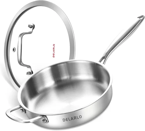 Vista 19 de DELARLO Sartén de tres capas de acero inoxidable de 10 pulgadas Sartén de freír profunda de 3QT con tapa Sartén de saltear con tapa Compatible
