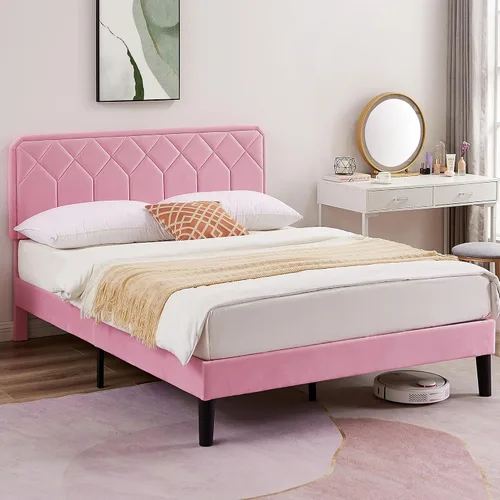 Vista 9 de VECELO Marco de Cama Tamaño Twin con Plataforma Tapizada de Terciopelo Premium con Cabecera Ajustable en Altura/Base de Colchón, Soporte de Listones
