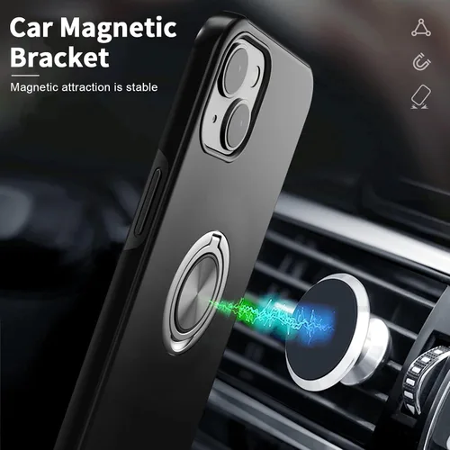 Vista 3 de Funda compatible con iPhone 15 con protector de pantalla de vidrio templado, resistente funda protectora delgada 2 en 1 con soporte de anillo Negro