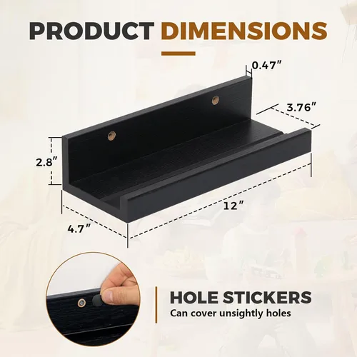 Vista 3 de Muzilife Estantes Flotantes de Pared Pequeños de 12" con Borde - Juego de 2 Estantes Flotantes de Madera - Repisa Negra Montada en Pared