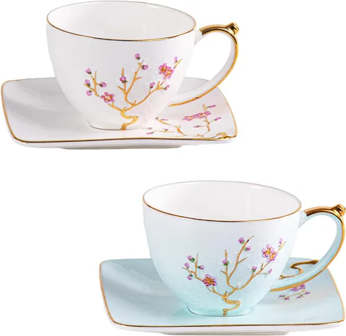 Vista 37 de KAMMAK Juego de 2 tazas de té y platillos, tazas de café de porcelana fina, tazas de café expreso apilables, demitasse de cerámica para café