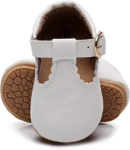 Vista 4 de HONGTEYA Zapatos planos Mary Jane antideslizantes para niños pequeños primeros caminantes, suela suave, zapatos de cuna de piel sintética, zapatos