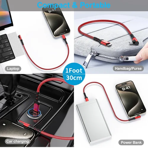 Vista 5 de Cable corto USB C a USB C de 60 W (1 pie, paquete de 3), cable USB-C trenzado de nailon de carga rápida en ángulo recto, cable de carga C de 90 Rojo