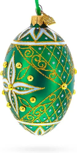 Vista 3 de Adorno de huevo de cristal verde con estrella blanca con joyas de 4 pulgadas
