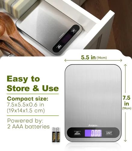 Vista 4 de Atogou Báscula de alimentos, báscula digital de cocina de 33 libras con pantalla LCD de vista completa, superficie de acero inoxidable duradera