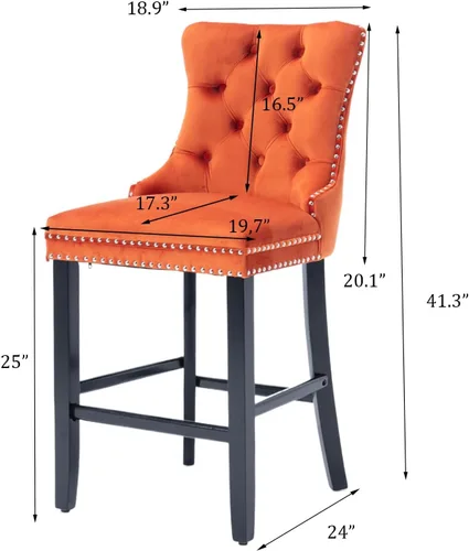 Vista 11 de SoarFlash Juego de 2 taburetes de bar tapizados de terciopelo moderno con patas de madera, botones acolchados, cabeza de clavo cromada, asiento