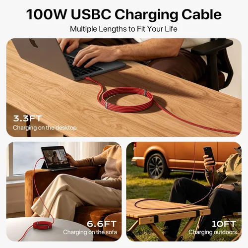 Vista 8 de ohbox Cable USB C a USB C de 3 pies, paquete de 3 cables USB C a C de carga Rojo